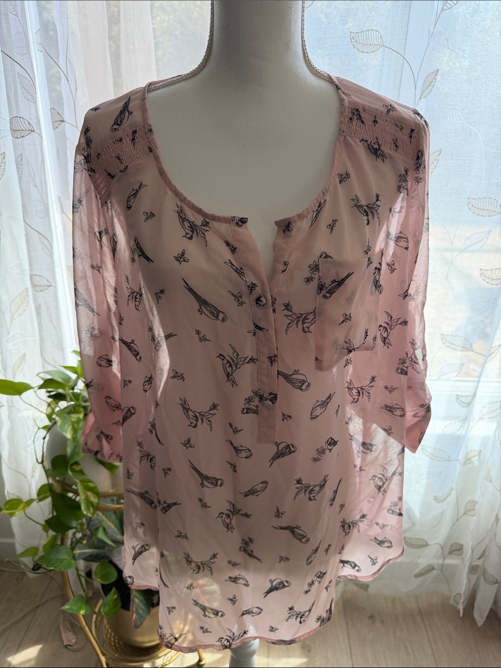 torrid Pink Bird-Print Sheer Henley Blouse
